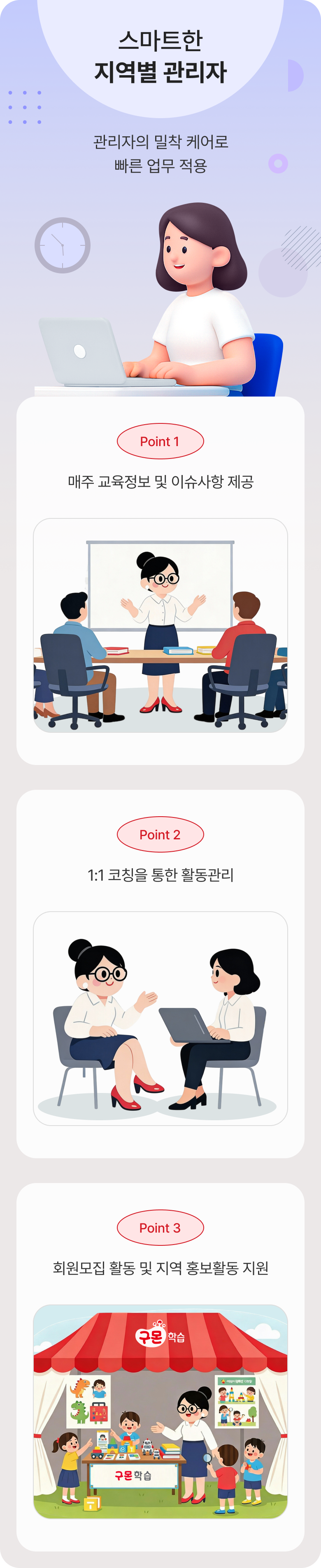 스마트한 지역별 관리자, 관리자의 밀착 케어로 빠른 업무 적용